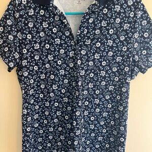 Lands' End Women's Dark Blue Floral Button Down Golf Shirt